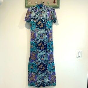 Vintage tradition blue Chinese short sleeve maxi dress